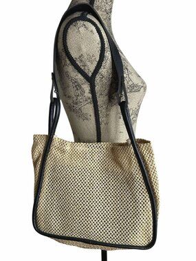 Woven Beige Tote Bag Shoulder Purse 2Pc Black Pouch Adjustable Boho Beach Resort